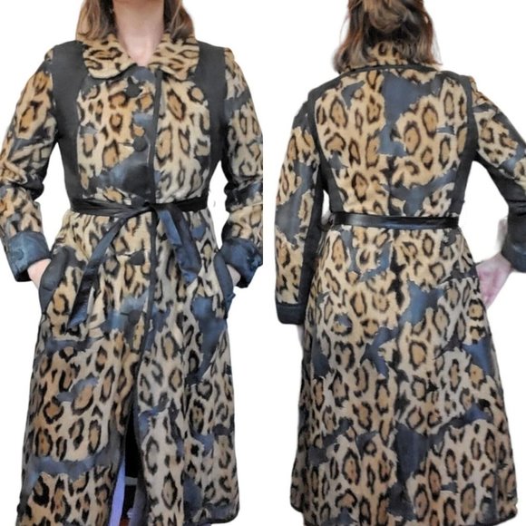 Vintage Jackets & Blazers - VTG 60s Small Faux Fur Leather Animal Print Leopard Statement Trench Jacket Coat